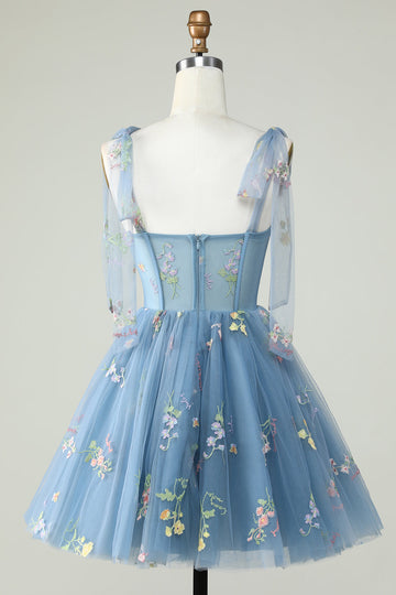 Lindo A Line Spaghetti Straps Grey Blue Short Homecoming Dress con apliques
